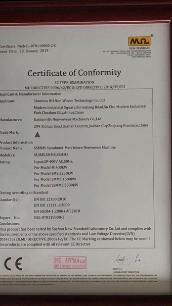 China Chuzhou Huihuang Nonwoven Technology Co., Ltd. Certificaten